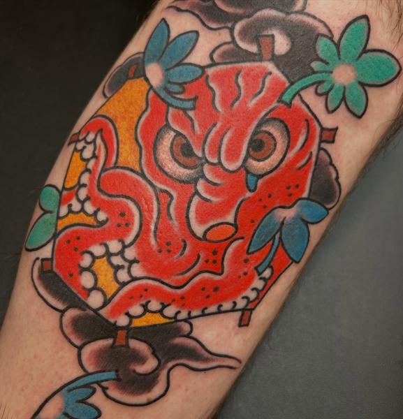 Traditional oni mask tattoo by @mr_wrath