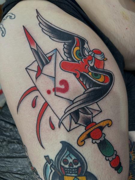 Traditional dagger and envelope tattoo by @mr_wrath