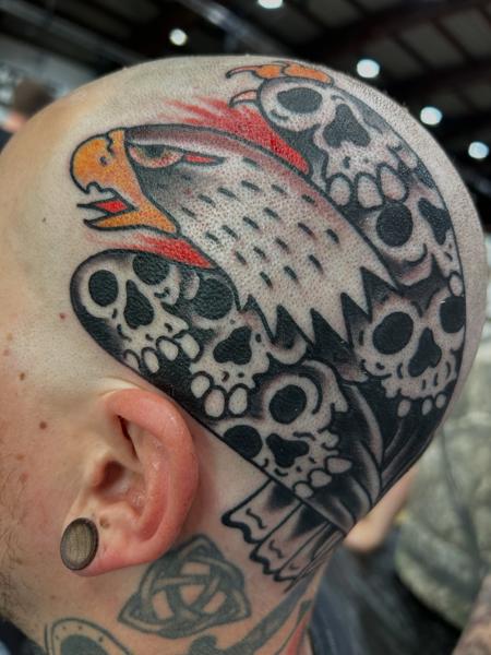 Traditional eagle and skulls tattoo by @mr_wrath