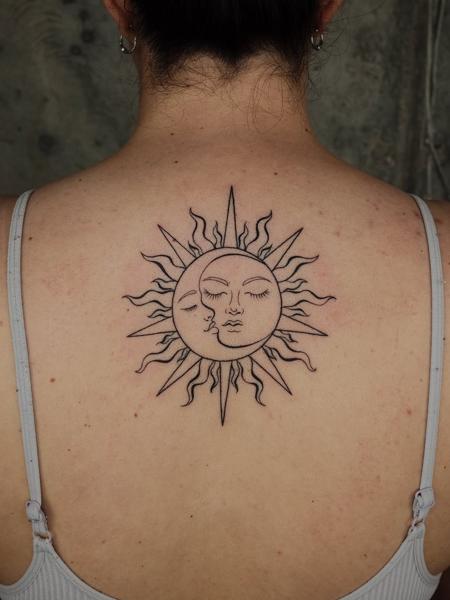Fine line sun and moon tattoo by @myb_ink