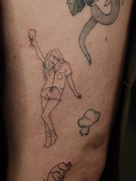 Fine line dancing woman tattoo by @myb_ink