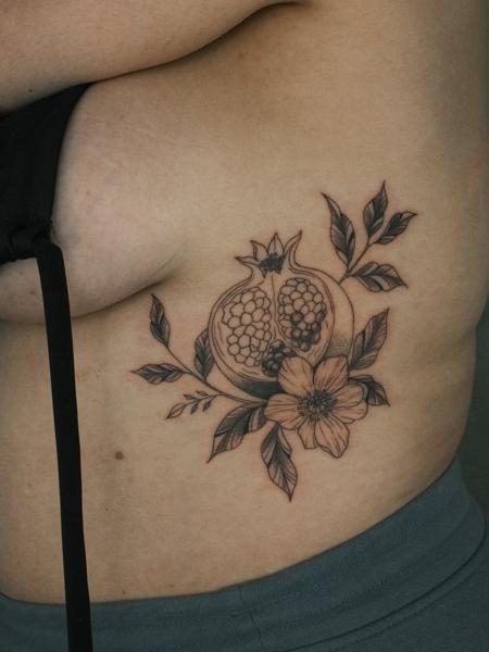 Fine line pomegranate flower tattoo by @myb_ink