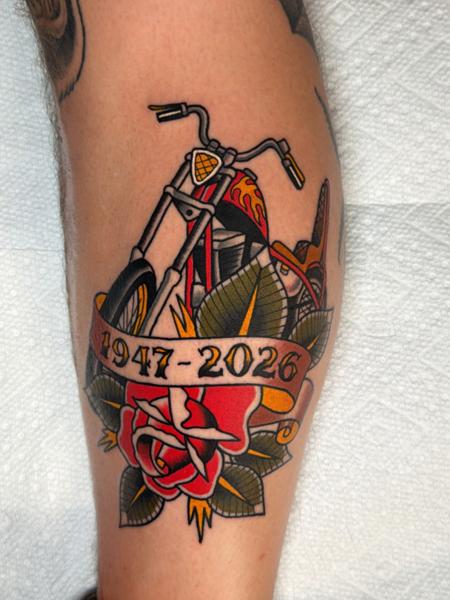 Traditional motorcycle and rose tattoo by @mykechambers