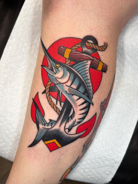 Traditional marlin and anchor tattoo by @mykechambers