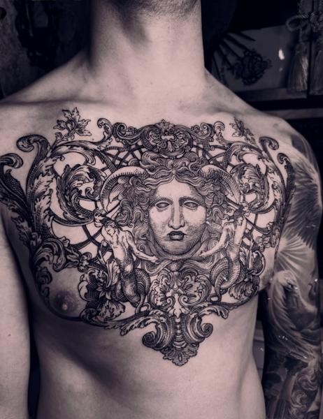 Blackwork ornate medusa tattoo by @myriam_black_tattoo