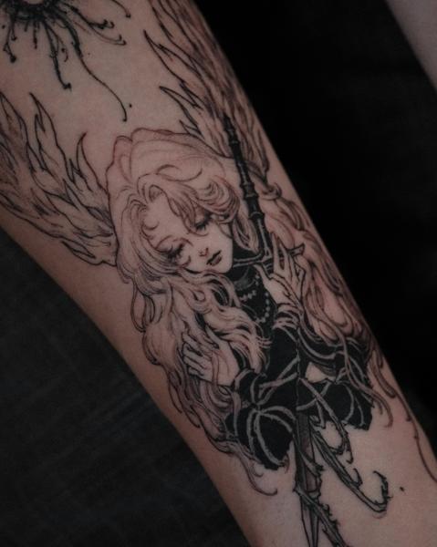 Fine Line angelic figure tattoo by @narak.tat
