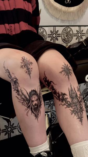 Blackwork fantasy figure tattoo by @narak.tat