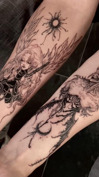 Linework angelic figure tattoo by @narak.tat