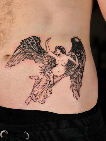 Blackwork angel figure tattoo by @nstia.tatts
