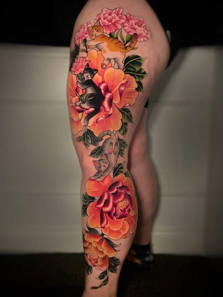 Traditional cats and flowers tattoo by @naaat.j