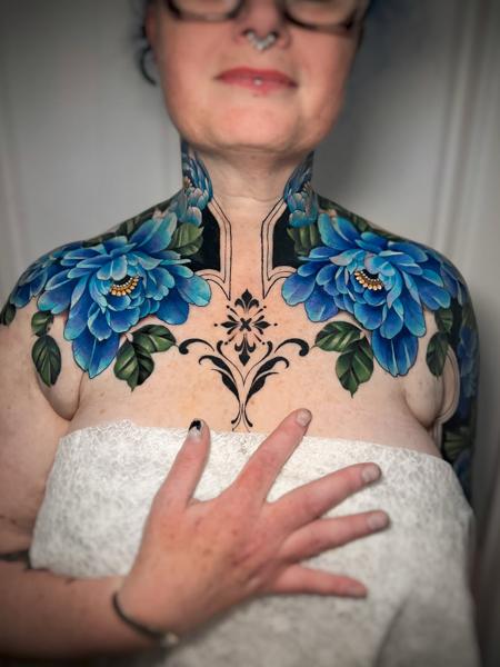 Realism blue floral tattoo by @naaat.j