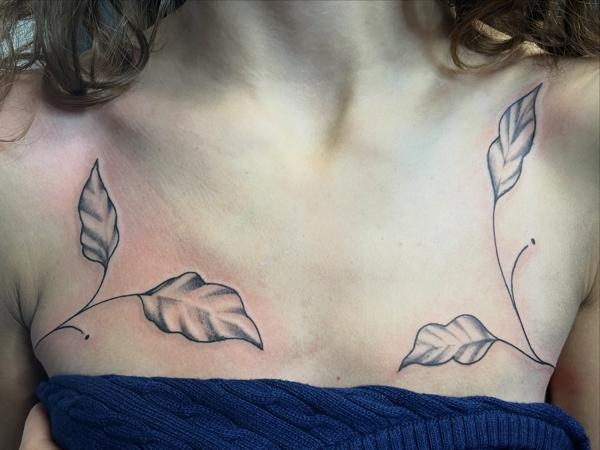 Fine Line leaves tattoo by @necro_comicon