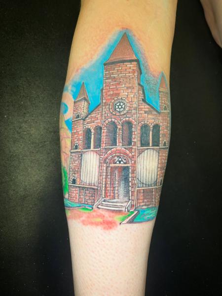 Realism brick building tattoo by @necro_comicon