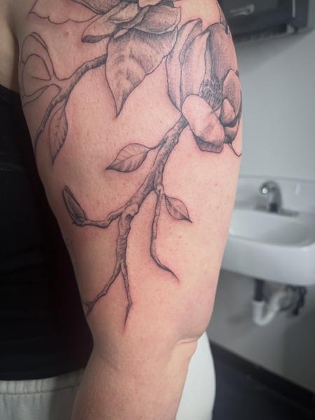 Blackwork floral branch tattoo by @necro_comicon