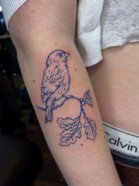 Fine line bird on branch tattoo by @nel.does.tats
