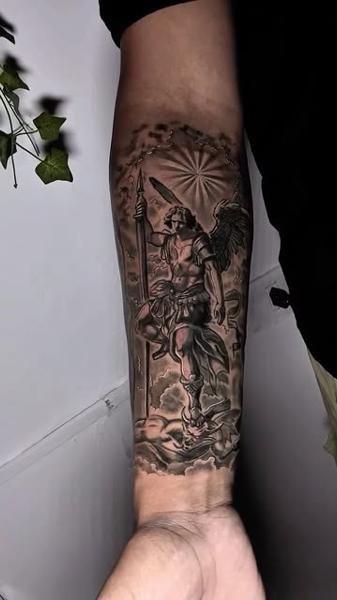 Realism archangel figure tattoo by @nettovasconcelostattoo