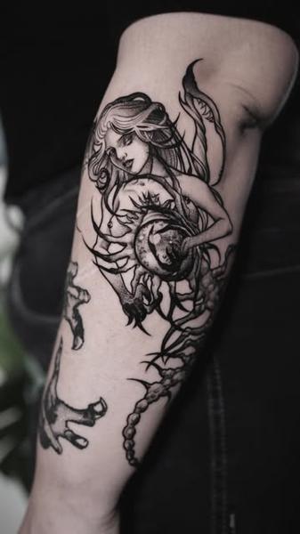 Blackwork gothic siren orb tattoo by @ayp.nia
