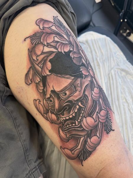 Japanese hannya mask tattoo by @nickfarbeyond
