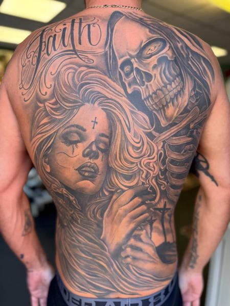 Realism grim reaper and woman tattoo by @nickfarbeyond
