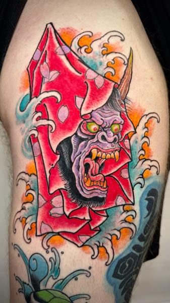 Japanese demon mask tattoo by @nickcarusotattoo