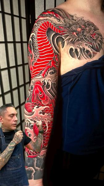 Japanese dragon koi tattoo by @nickcarusotattoo