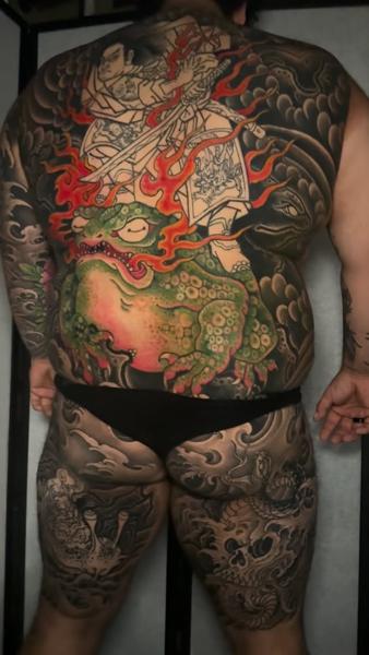 Japanese samurai and frog tattoo by @nickcarusotattoo