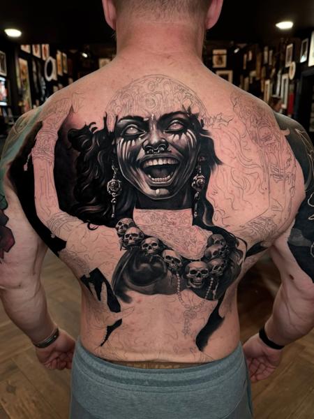 Realism laughing woman tattoo by @littlenicktattoo