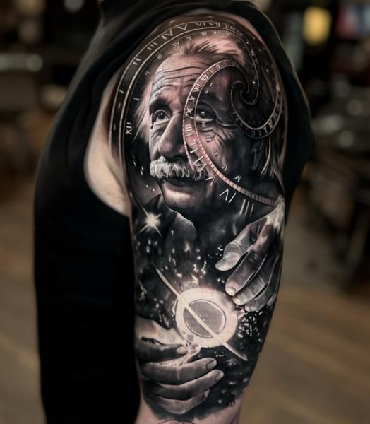 Realism scientist portrait tattoo by @littlenicktattoo