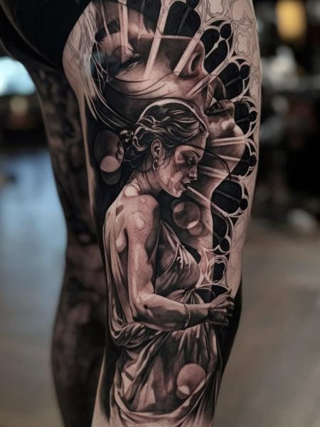 Realism woman and skull tattoo by @littlenicktattoo
