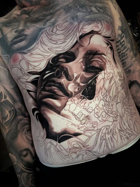 Realism woman skull tattoo by @littlenicktattoo