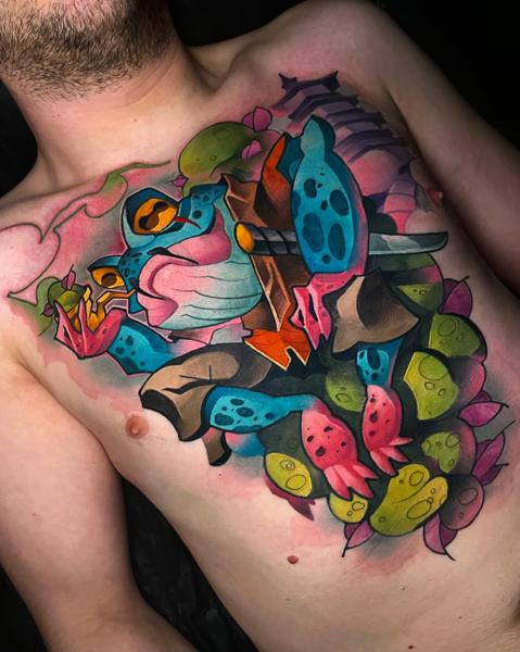Neo-traditional colorful frogs tattoo by @fodas_tats