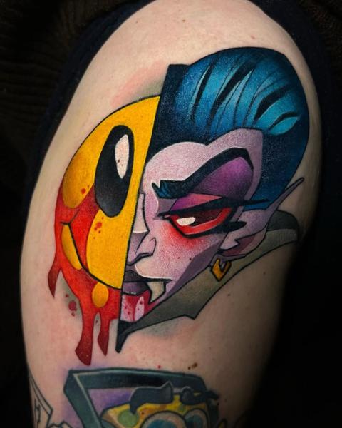 Neo-traditional vampire face tattoo by @fodas_tats
