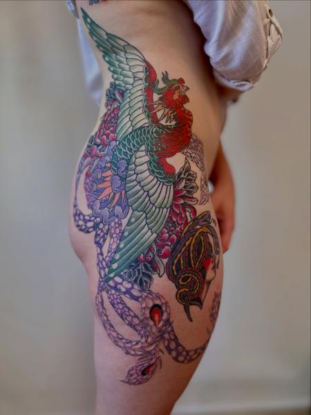 Japanese phoenix and snake tattoo by @nikole_lowe