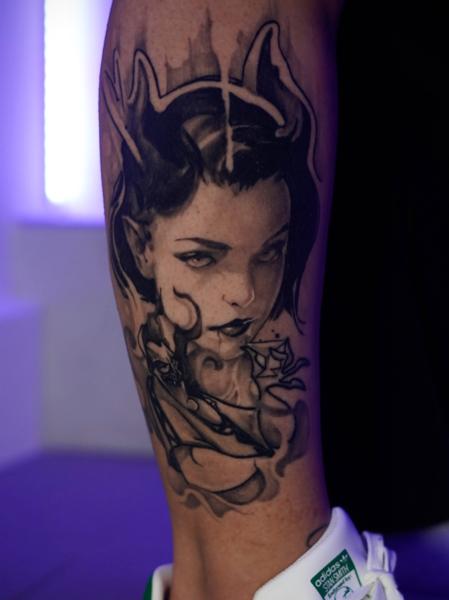 Realism demonic woman tattoo by @nikoselmaidis_tattoo
