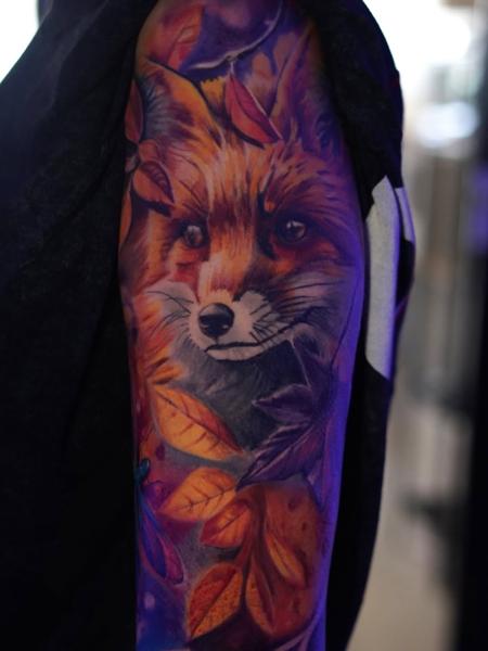 Realism fox portrait tattoo by @nikoselmaidis_tattoo