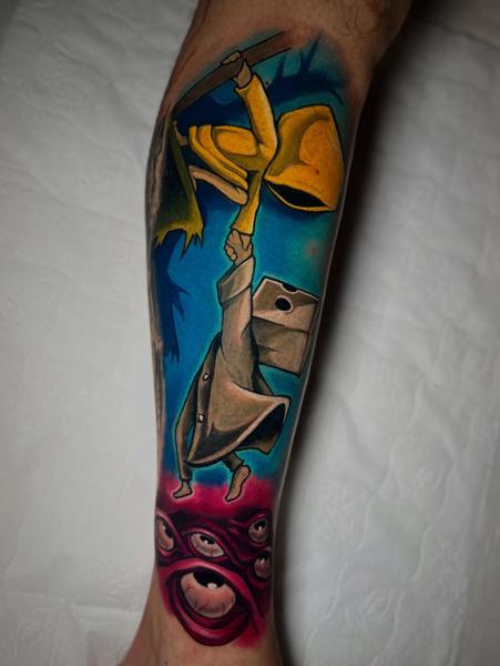 Illustrative hooded figure tattoo by @peri_tattoo_