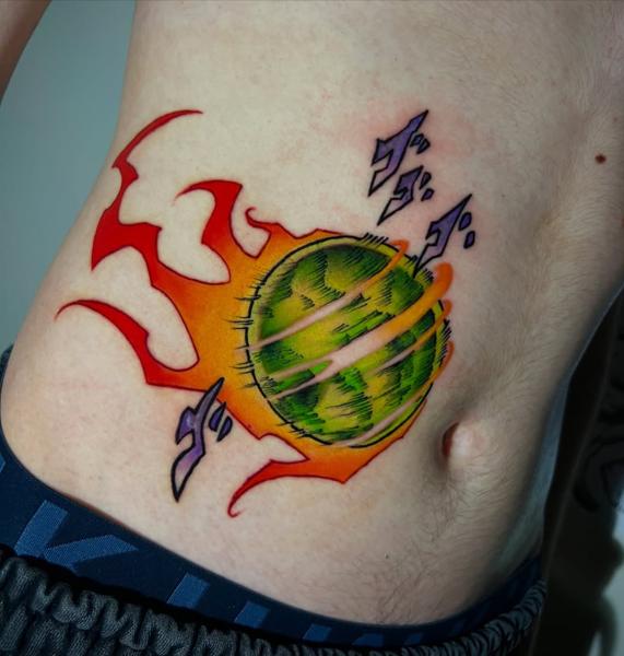 Anime flaming planet tattoo by @peri_tattoo_