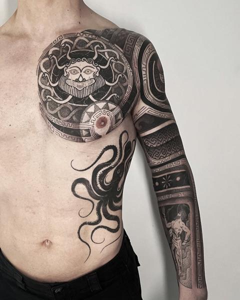 Blackwork medusa and octopus tattoo by @s.lap_inkaholic