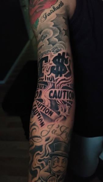 Blackwork caution tape tattoo by @nmrebel
