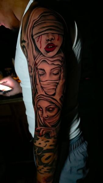 Realism blindfolded nuns tattoo by @nmrebel