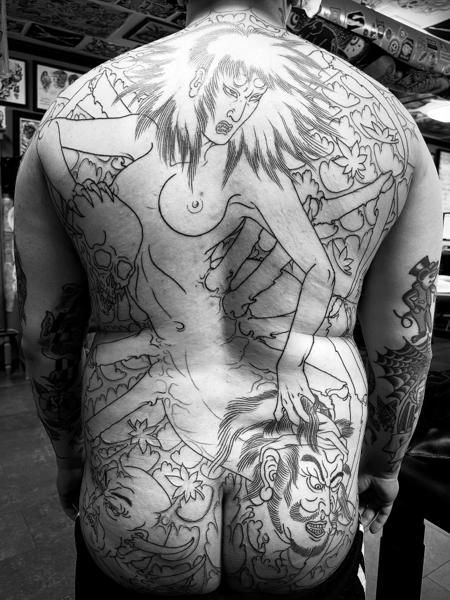 Japanese mythical figure tattoo by @noble1tattooing