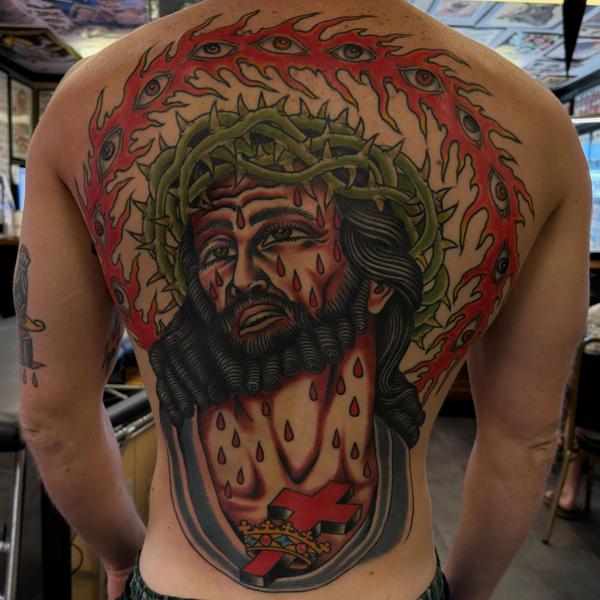 Traditional jesus portrait tattoo by @noble1tattooing