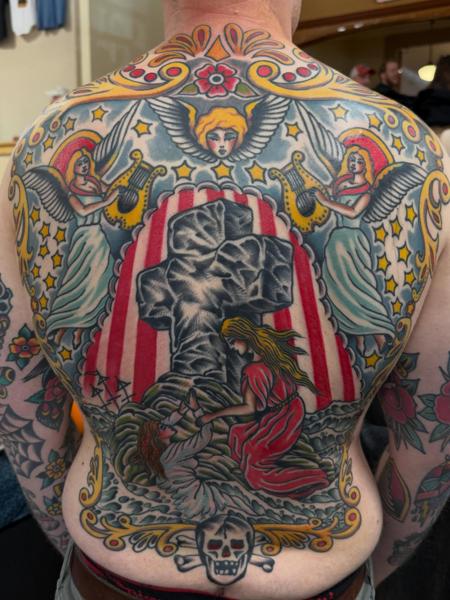 Traditional angelic scene tattoo by @noble1tattooing