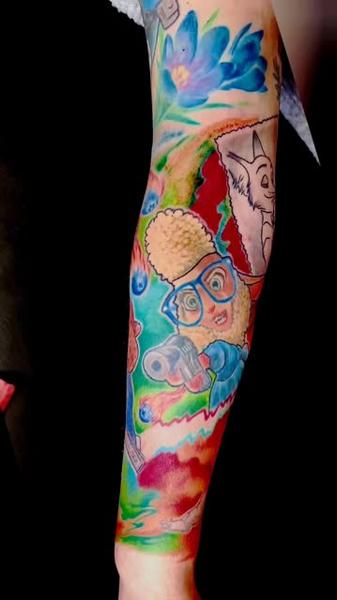 Illustrative cartoon character camera tattoo by @oleg_narvski