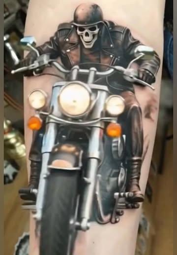 Realism skeleton biker tattoo by @oleg_narvski
