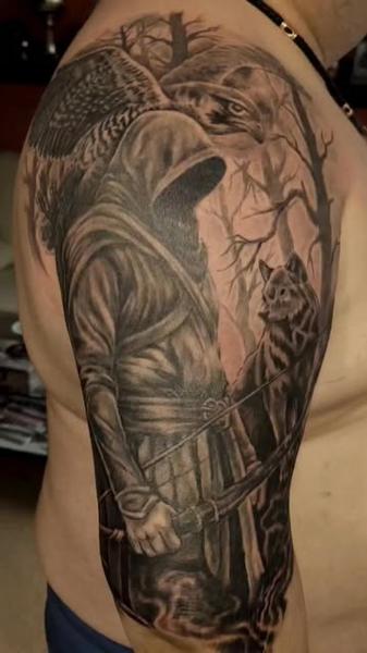 Realism hooded archer wolf tattoo by @oleg_narvski
