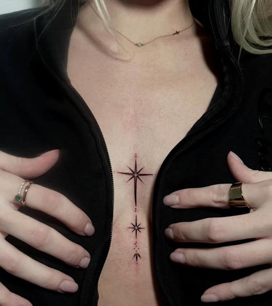 Fine line celestial stars tattoo by @omnia_black_