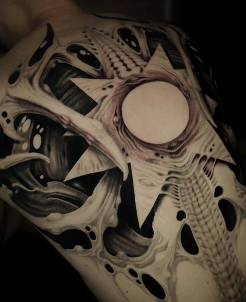 Biomechanical abstract biomechanical tattoo by @oscar.tttst_