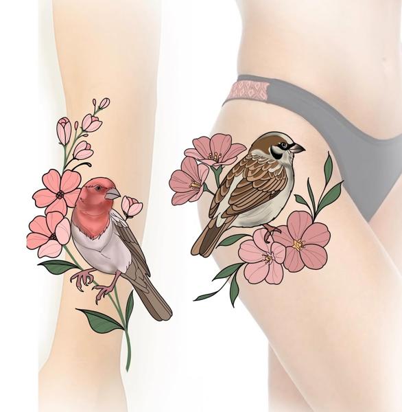 Illustrative bird with flowers tattoo by @paigehutchinson_tattoo