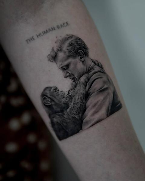 Realism man chimpanzee tattoo by @tattoopaiges